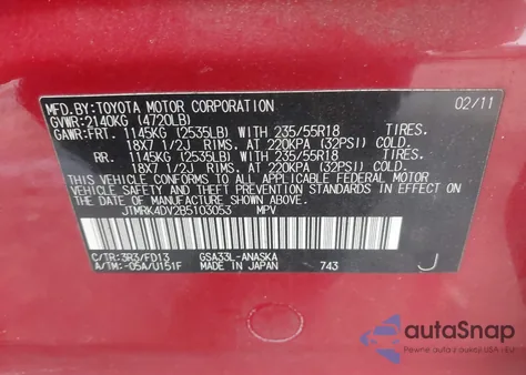 2011 Toyota Rav4 Sport V6 z USA, uszkodzony, nr VIN JTMRK4DV2B5103053